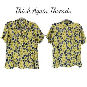 Bon Vintage 100% Silk Floral Button-Up Shirt Yellow Green Blue Size EU 42